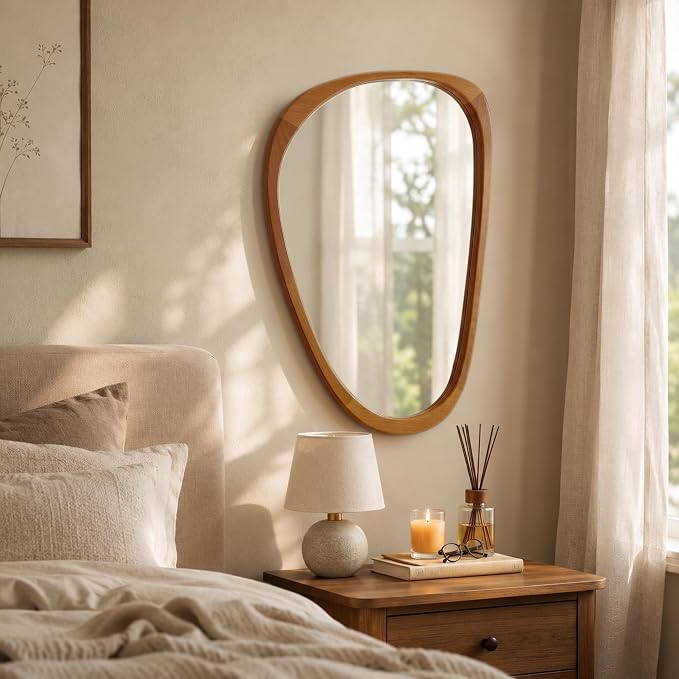 Solid Wood 30"x20" Irregular Asymmetrical Mirror, Japandi Boho Organic Shaped Decorative Accent Mirror, Small Natural Honey Walnut Wooden Wall-Mounted Mirror, Warm Walnut
