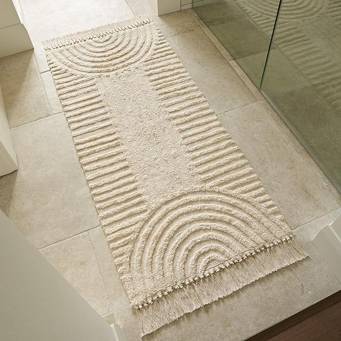 KIBAGA Boho Bathroom Rug with Tassels - Soft, Washable, Non-Slip Cotton Mat - Perfect 2x4.3 ft. Size to Enhance Modern Home Decor