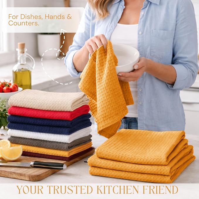Yellow Waffle Kitchen Dish Towels, 100% Cotton, Quick Dry, Super Absorbent, Soft, 16x26 Inches – Ideal for Dish Drying, Bar, Tea, Cleaning, and Everyday Use, 12 Pack, Mustard Yellow