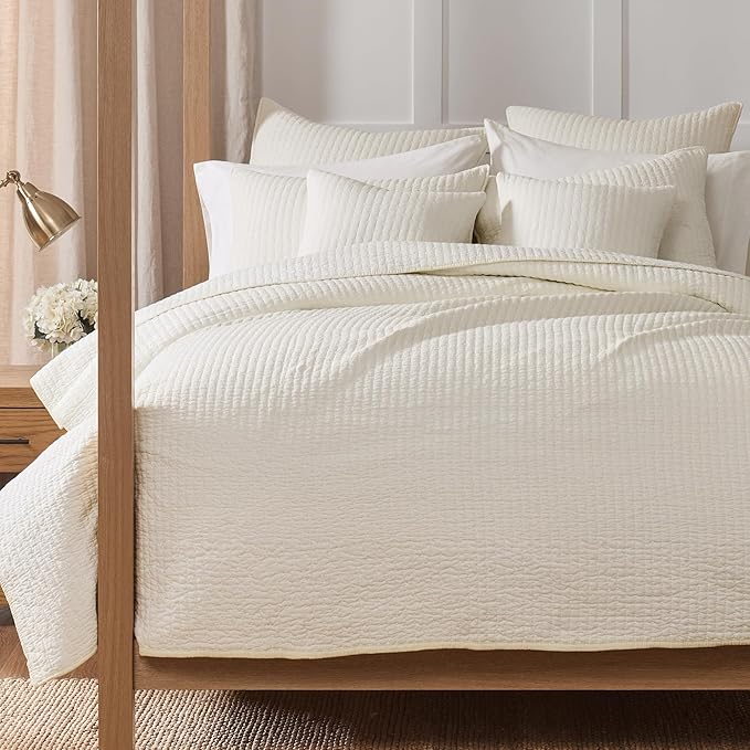 Levtex Home - Cross Stitch Quilt Set - 100% Cotton - King Quilt (106x92in.) + 2 King Shams (36x20in.) - Cream
