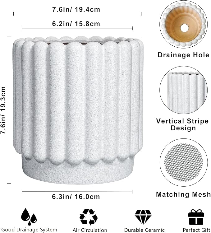 Ceramicfor Ceramic Planters for Indoor Plants - 7.6 Inch Ceramic Plant Pots Outdoor, Round Flower Pots with Drainage Hole, Fluted Modern Planter, Room House Decor, Gifts for Plant Lovers, White