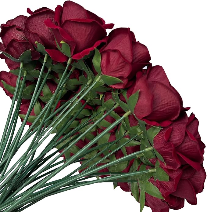 FagusHome 30 Pcs Silk Rose Artificial Flowers Roses Bulk Bouquet Fake Flowers Rose Heads with Stems for Home Wedding Decor (Dark Red)