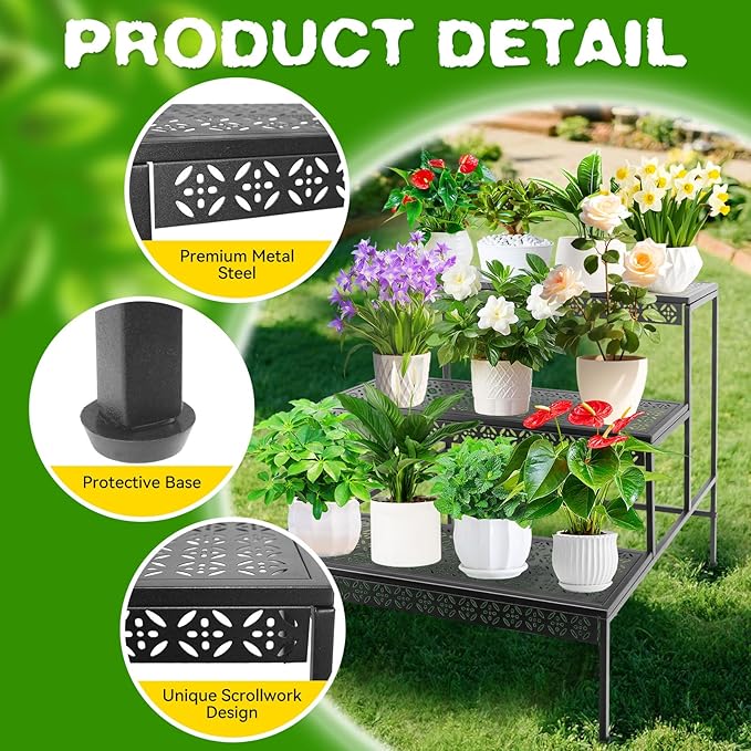 3 Tier Metal Plant Stand, Ladder Flower Pot Holder Plant Stands, Tiered Plant Stand Outdoor Storage Organizer Rack for Home Garden Patio Balcony