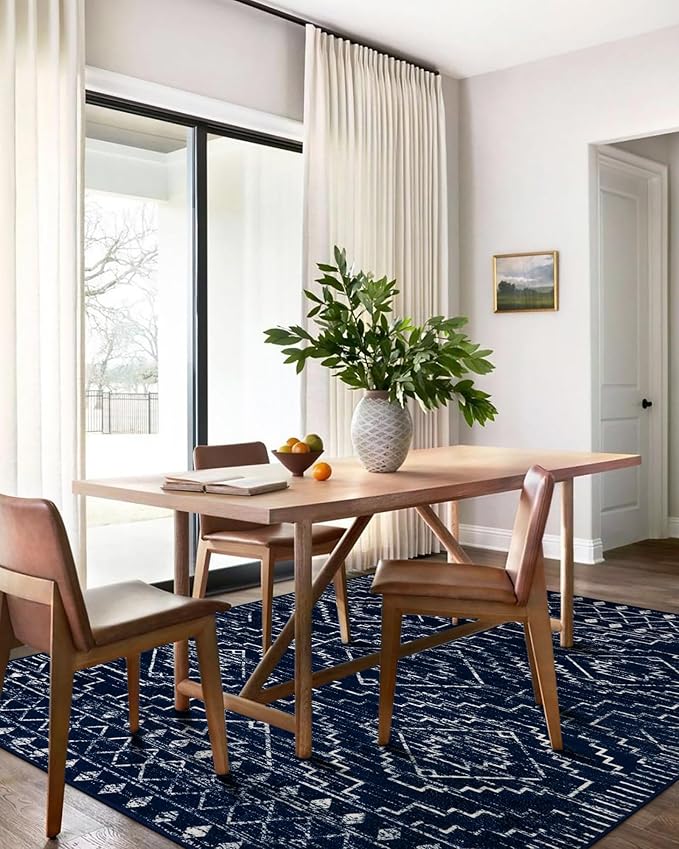 Wonnitar Moroccan Washable 6x9 Rug, Blue Large Living Room Area Rug, Non-Slip Boho Soft Rug for Bedroom, Non-Shedding Ultra-Thin Geometric Carpet for Dining Room Kitchen Basement (Blue,6'x9')