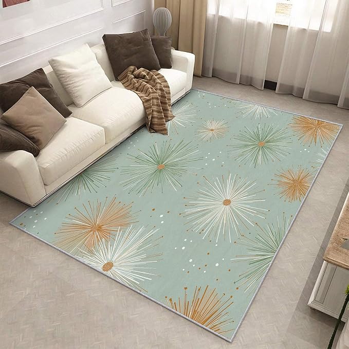 Mid Century Modern Rugs for Bedroom 5x7 ft, Starburst Area Rugs for Living Room, Washable Non Slip Low Pile Retro Atom Carpet, Home Decor PF-P 107
