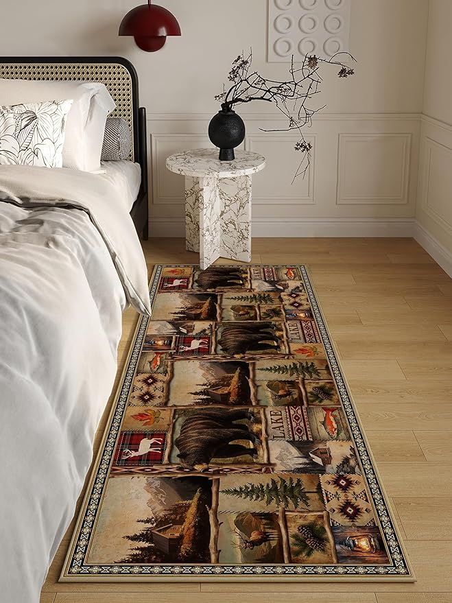 Vintage Rustic Bear Runner Rug for Hallway, Rustic Lodge Kitchen Runner 2x6 Non-Slip Cabin Decor Farmhouse Carpet for Hallways Kitchen Laundry Bedroom Bathroom Machine Washable Rugs Runners