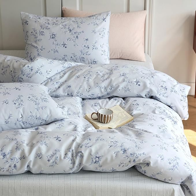HighBuy Vintage Floral King Duvet Cover Blue Floral Duvet Cover 100% Cotton Garden Boho Flower Comforter Cover King Luxury Girls Bedding Set King Chic Flower Cottagecore Bedding Set for Men Women