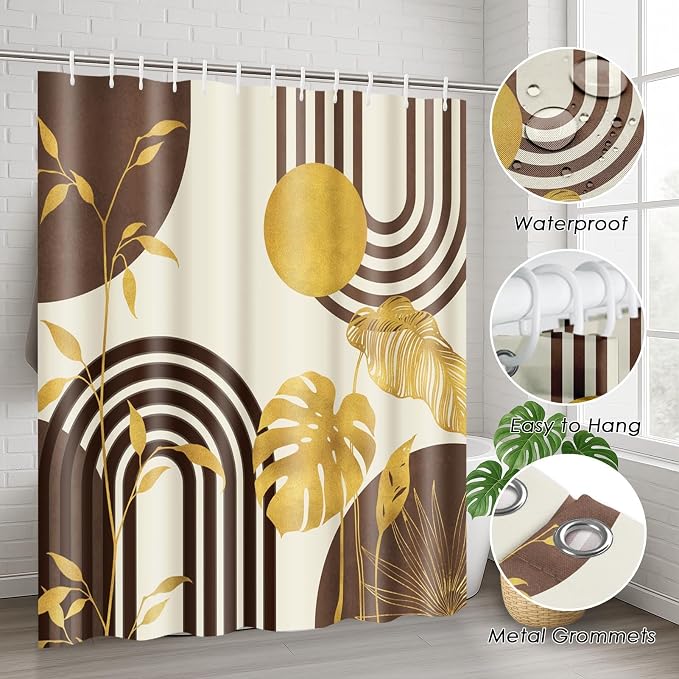 Boho Brown Shower Curtain Set with Toilet Lid Cover and Non-Slip Rugs, Gold Tropical Abstract Geometric 4 Pcs Modern Minimalist Vintage Shower Curtain for Bathroom Set with 12 Hooks