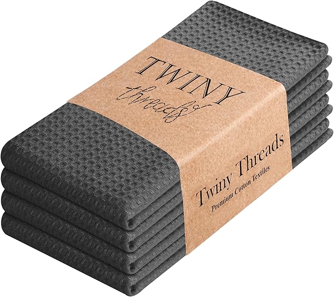 TWINY threads Gray Waffle Kitchen Towel 4 Pack, 16x26 Inches, Premium 100% Cotton Kitchen Linen Set, Absorbent Dish Cloths for Cleaning and Drying Dishes, Machine Washable, Durable, Quick Dry, Grey