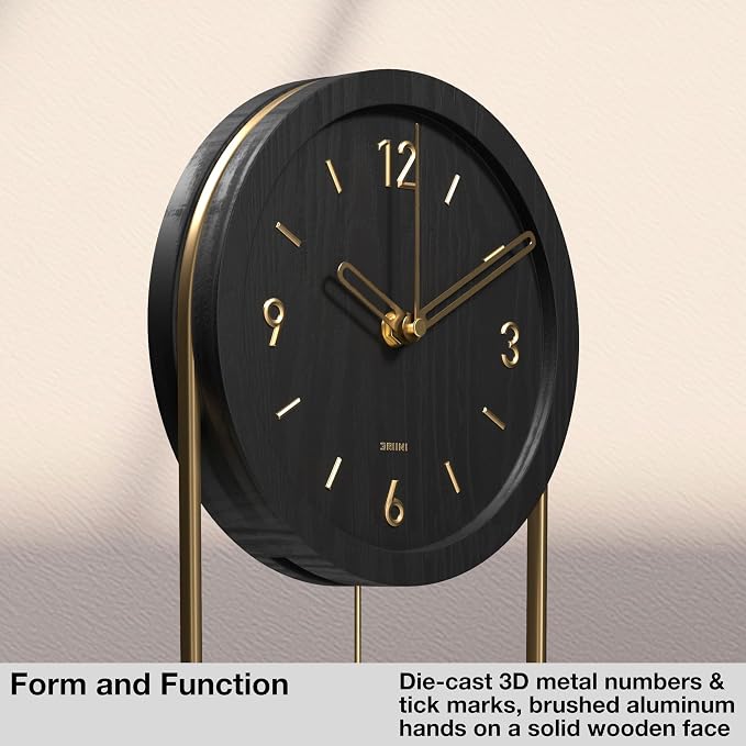 Driini Decorative Wall Clock with Pendulum (Black) – Modern Wood, 3D Gold Numbers, Metal Frame – Small, Unique Wall Clocks for Living Room Decor or Bathroom - Battery Operated, Silent, Non-Ticking