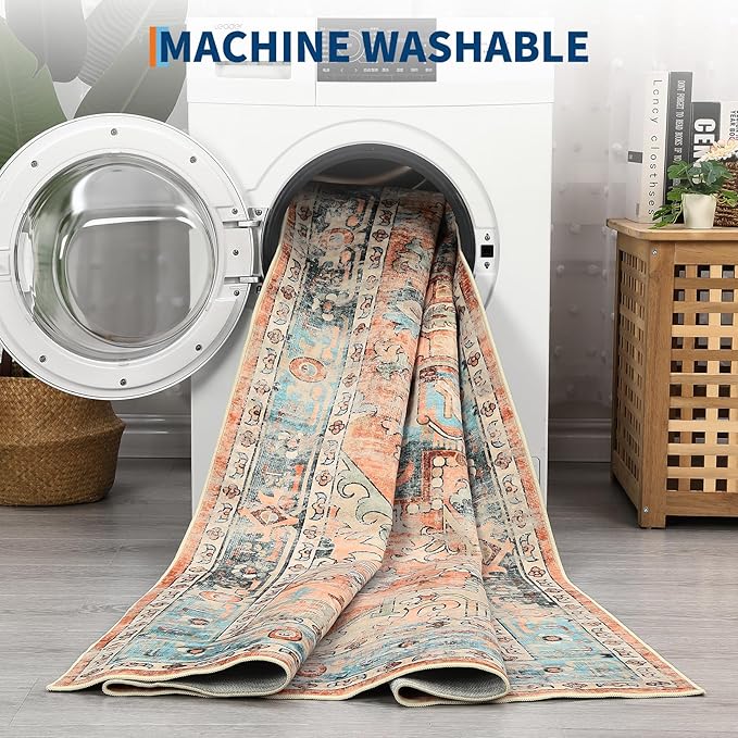 Washable 5x7 Small Area Rug Boho Vintage Medal Print Carpet Non Slip Office Rugs Low Pile Soft Bedroom Carpet Non Shedding Kids Nursery Floor Mats for Kitchen Dining Living Room Brick Red