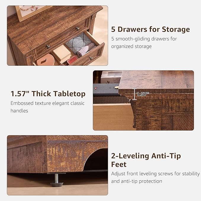 T4TREAM Farmhouse 5 Drawer Dresser for Bedroom, 47" Tall Wood Dresser with Ample Storage Space and Rustic Charm, Reclaimed Barnwood