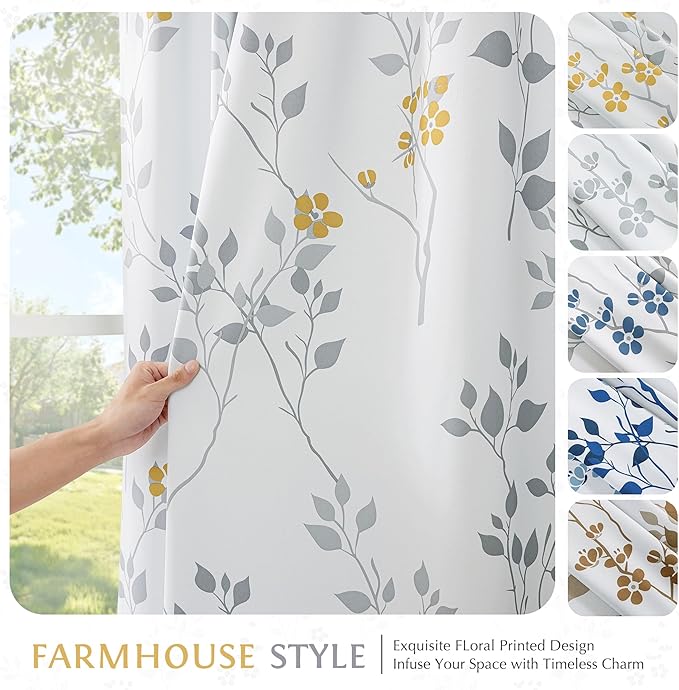 Beauoop Floral 100% Blackout Curtains 63 Inch Length 2 Panels for Bedroom Living Room Yellow Grey and White Flower Patterned Room Darkening Thermal Soundproof Rod Pocket Back Tab Window Drapes, 52X63