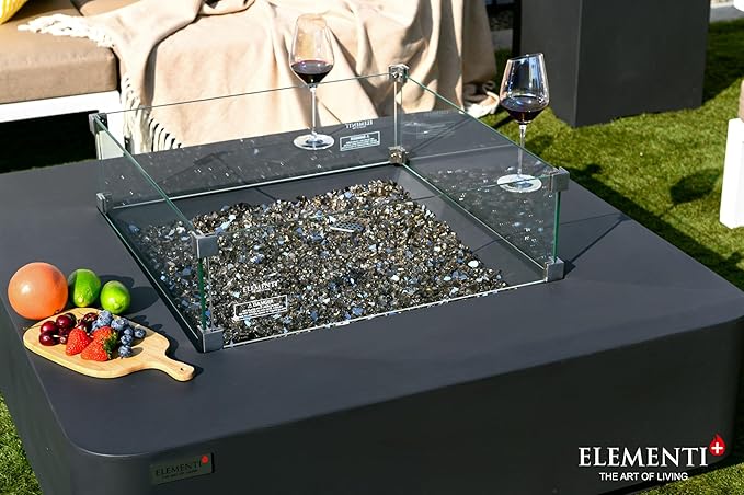 Elementi+ | Bundle Bergamo Gas Fire Pit Cast Concrete 42" Square Fire Table, Outdoor Fire Pit Electronic Ignition | Canvas Cover, Fire Glass and Burner Lid Included | Dark Gray | Propane Gas