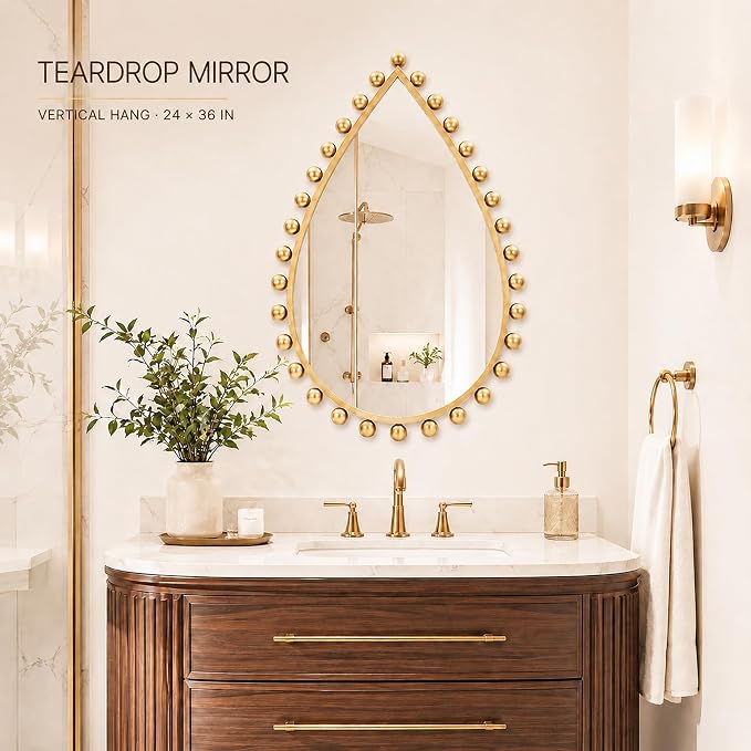 Antique Gold Teardrop Mirror Unique with Ball Frame – 24"x36" Beaded Large Decorative Ornate Wall Mirror for Bathroom, Bedroom, Living Room, Hallway