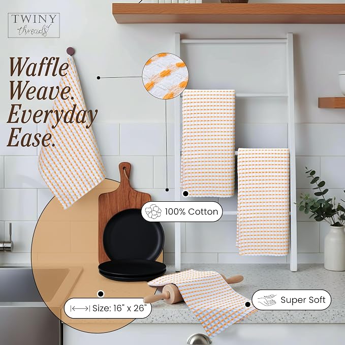TWINY threads Waffle Dish Towels Set of 4, 16"x26" Kitchen Cloths, 100% Cotton, Soft & Absorbent Waffle Weave Hand Towel for Drying, Wiping, Polishing & Daily Kitchen Tasks, Mustard Yellow, White