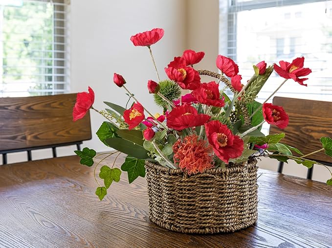 6PCS Red Poppy Flowers Artificial Silk Poppies Faux Bouquet for Christmas Fake Floral Home Decor Living Room Kitchen Party Xmas Red Table Centerpieces