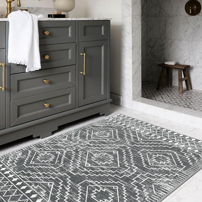 Wonnitar Moroccan 3x5 Washable Area Rug, Boho Living Room Rug, Non-Slip Farmhouse Rustic Bedroom Throw Mat, Non-Shedding Soft Geometric Floor Carpet for Kitchen Entry Office (Dark Grey,3'x5')
