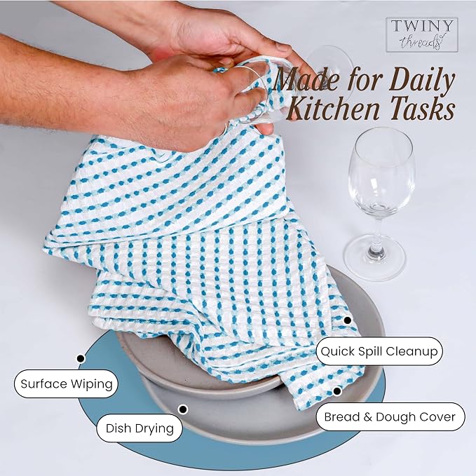 TWINY threads Waffle Weave Dish Towels Pack of 4, Large 16x26 Inches Kitchen Hand Towel Set, Super Absorbent, Fast Dry & Reusable Washcloths for Cooking, Cleaning & Drying, Turquiose Blue, White