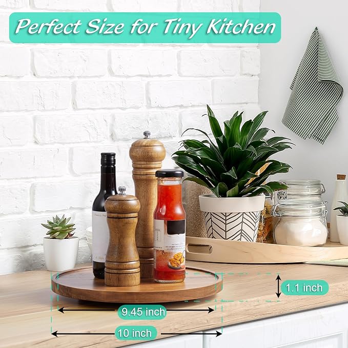 2 Pack 10" Acacia Wood Lazy Susan Turntable Organizer for Cabinet, Round Serving Tray Decorative Tray Vintage Centerpiece Candle Holder Tray, Farmhouse Tray for Kitchen Countertop Coffee Table Decor