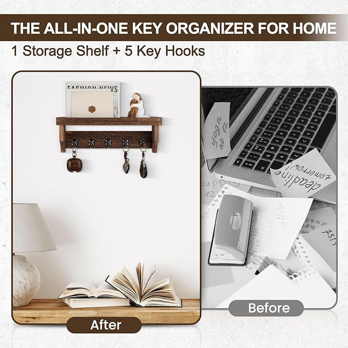 Lucundm Key and Mail Holder Wall Mount, Key Holder with Shelf and Mail Organizer Wall Mount. Mail Holder with 5 Hooks for Coat, Dog Leash, Home Decor Rack, Entry Way Organizer (Brown)