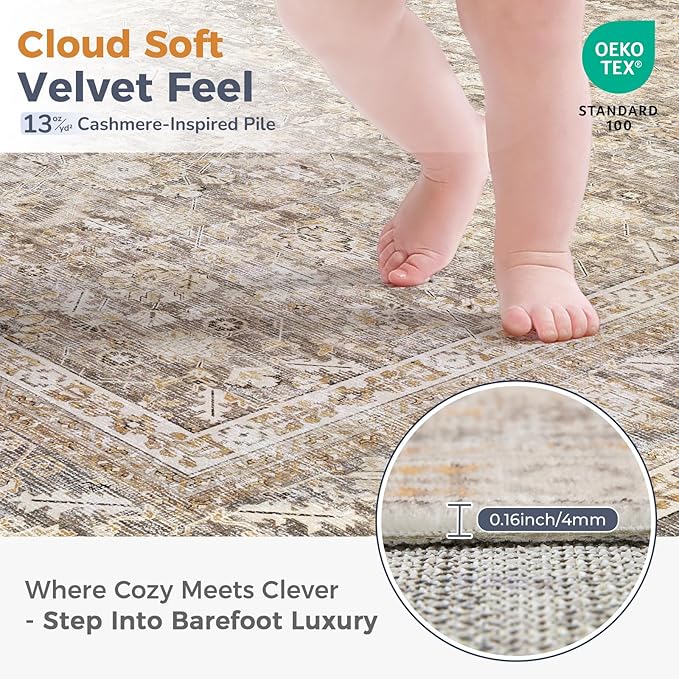 OPPODREAM Vintage Beige Area Rugs 6x9, 6 x 9 Retro Washable Rug Non Slip, Low-Pile Faux Wool Carpet, Distressed Tan Floor Mat for Living Room, Bedroom, Kitchen, Office, Dorm, Dinning Room