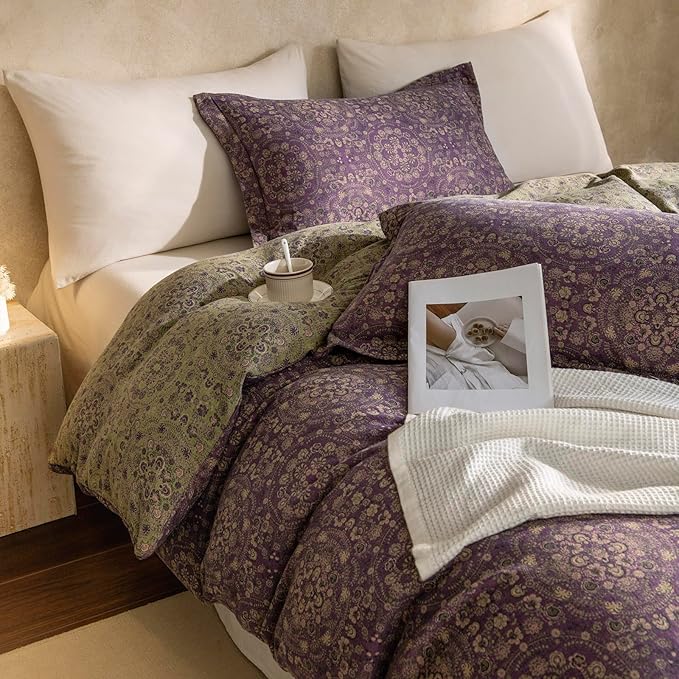 Purple Green Floral Duvet Cover Twin XL Premium Yarn-Dyed Linen Cotton Comforter Cover Boho Jacquard Design Bedding Set Botanical Floral Vintage Duvet Cover Reversible Green Flower Bedding Set Twin XL