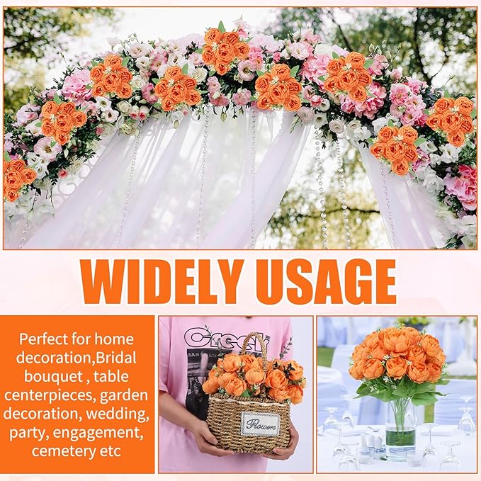 8 Pack Orange Peonies Artificial Flowers, Fall Fake Silk Hydrangea Bouquet for Bridal Wedding Home Table Decor Reusable Dining Opening Ceremony Birthday Arrangement Faux Floral