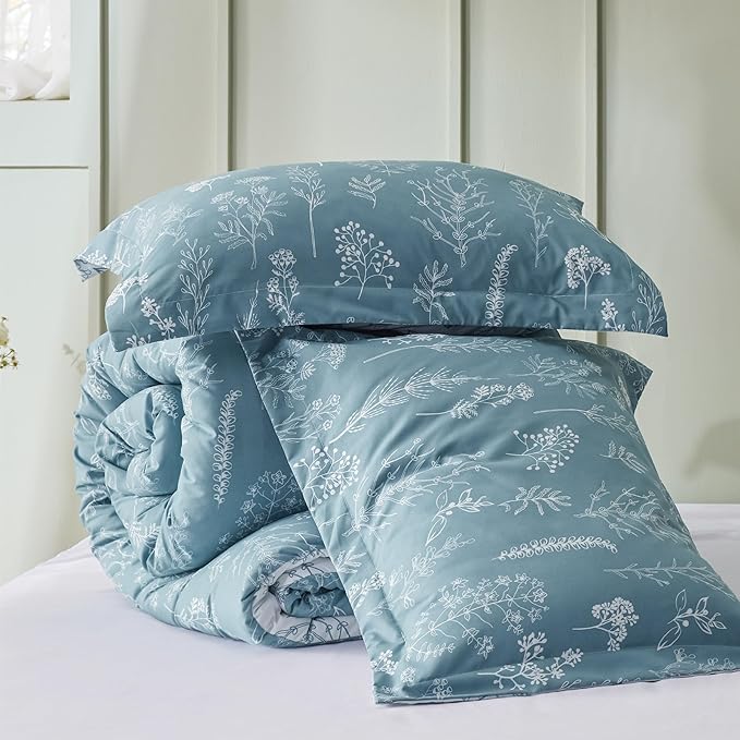 Bedsure Queen Comforter Set - Mineral Blue Bed Set, 3 Pieces Cute Floral Bedding, 1 Soft Reversible Botanical Flowers Comforter and 2 Pillow Shams
