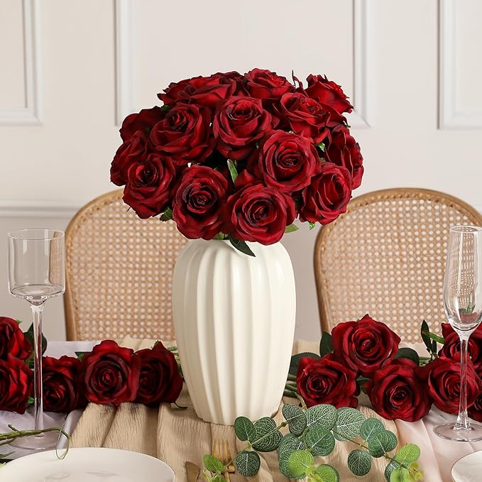 Kisflower 60 Pcs Burgundy Roses Artificial Flowers Bulk, Maroon Flowers Artificial Silk Roses with Stems for Decoration DIY Wedding Bouquet Bridal Shower Party Home Table Centerpieces Decor (Burgundy)