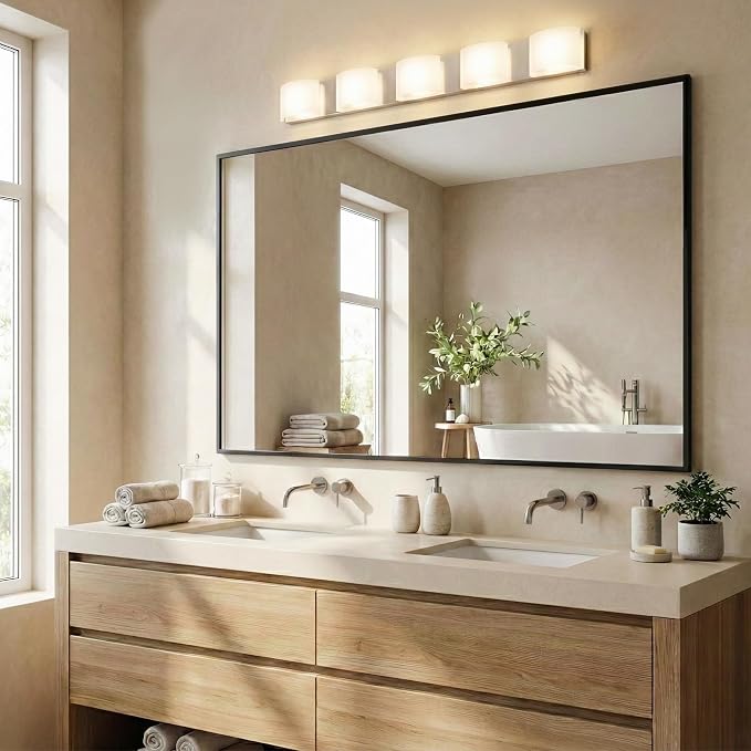 48"x30" Black Landscape Bathroom Mirror for 48-60 inch Vanity, Shatterproof Tempered Glass, Narrow Metal Frame, Ultra-Flush Mount