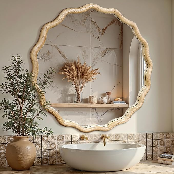 Circle Wood Mirrors for Wall, Wavy Round Bathroom Scalloped Mirror Wooden Frame 30 Inch for Living Room Farmhouse Bedroom Hallway Entryway Living Room with Shatterproof Glass Wall Mounted
