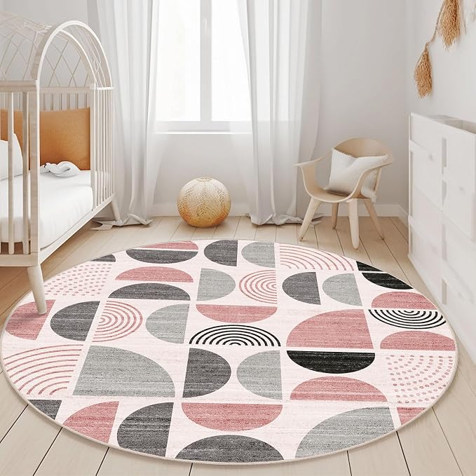 MUJOO Round Rugs 5ft,Circle Area Rug Washable,Circular Rugs for Living Room Dining Room,Boho Non Slip Throw Floor Carpet Modern Abstract Pink and Grey