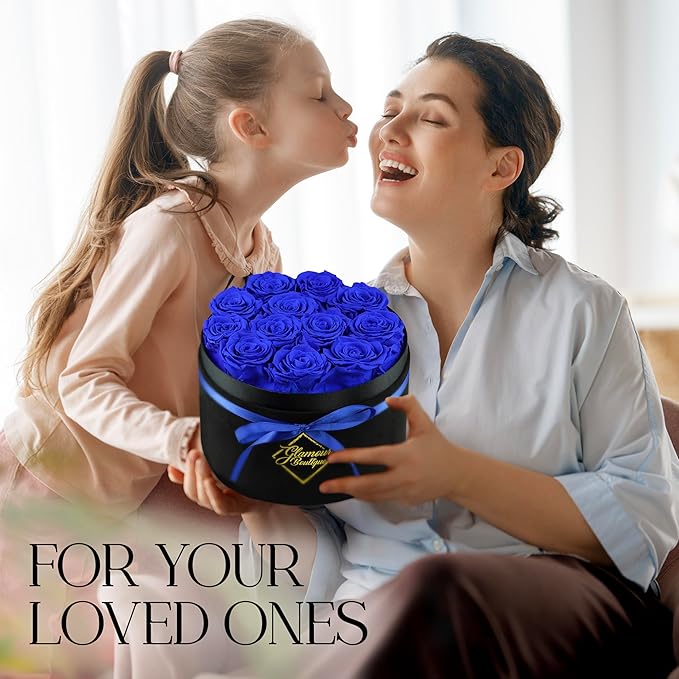 GLAMOUR BOUTIQUE Flowers Forever Gift Box 12 Real Preserved Roses in a Velvet Black Box, Birthday Gift for Wife Mom and Her, Mothers Day, Anniversary, Graduation - Blue