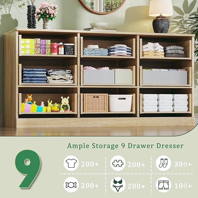 9 Drawer Dresser for Bedroom, 60'' Long Mid Century Modern Dressers TV Stand, Wood Vintage Chests of Drawers, Large Storage Organizer for Bedroom, Closet, Entryway, Natural Oak