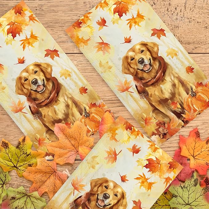 100pcs Maple Leaves Golden Retriever Napkins 3-Ply Thanksgiving Napkins for Decoupage Disposable Guest Hand Towels for Bathroom Home Kitchen Table Harvest Party
