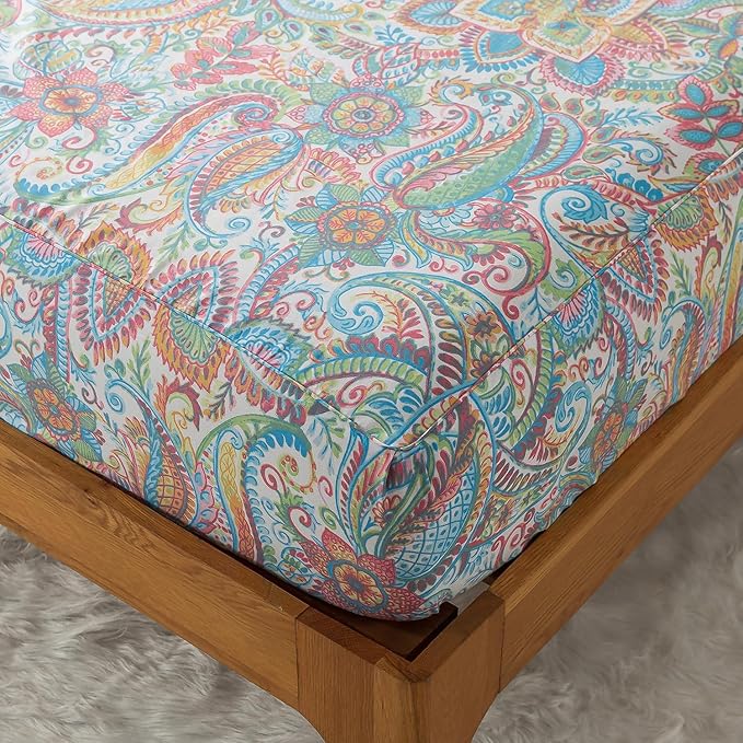 Zusbest Queen Size Bed Sheet Set 100% Cotton Pink Green Paisley Floral Sheets Watercolor Bedding Luxury Soft Breathable Crispy Cooling Percale Sheets 17.5 Inches Deep Pocket Sheets Queen, 4 Pieces