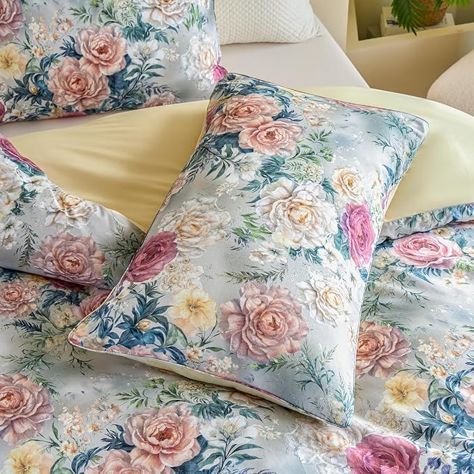 Blue Floral Duvet Cover Set 100% Percale Cotton Queen Size Shabby Vintage Chic Penoy Patterned Comforter Covers with Zipper，Soft & Breathable French Country Bedding 3Pcs-Not Comforter