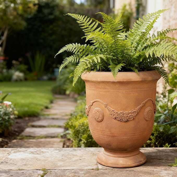 Large Urn Planter Magnesium Oxide Plant Pot with Cement Texture Concrete Urn Planters with Drainage Hole, 14" Dia x 17.5", Rusty