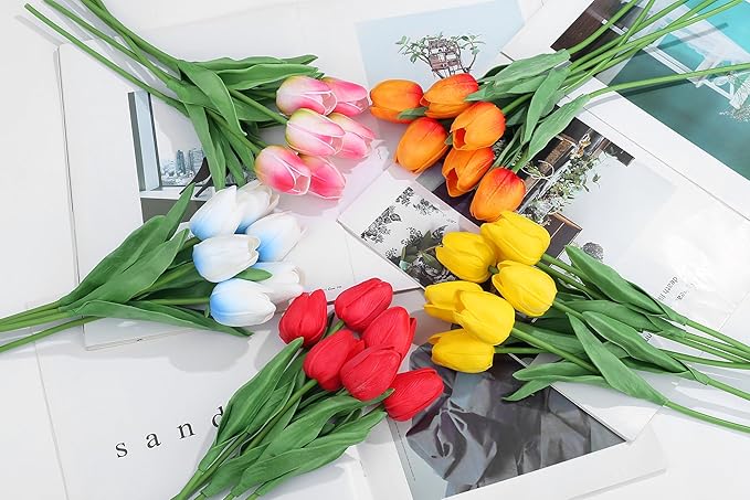 20pcs Color Artificial Tulips Flowers for Real Touch Tulips Fake Flowers for Smumer Wedding Bouquet Mother's Day Decor (5 Color 14 Inches)