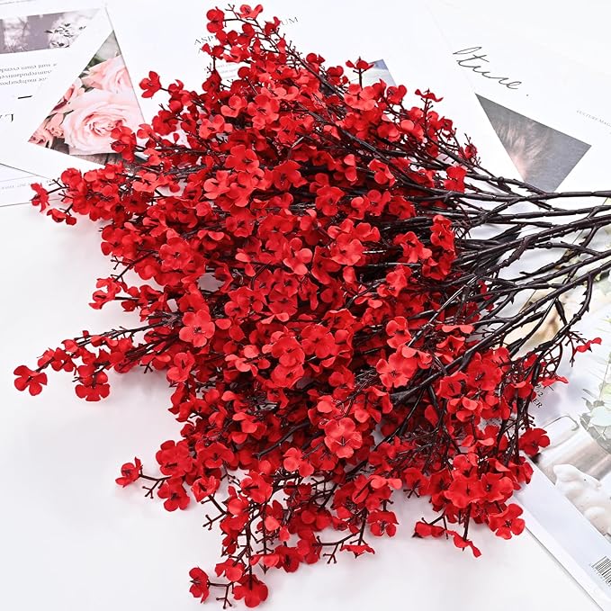 Yastouay Red Fake Flowers Artificial Flowers, 5Pcs Real Touch Silk Flowers Faux Flowers for Decorations, Babys Breath Artificial Flowers Bulk for Spring Decor Floral Arrangement