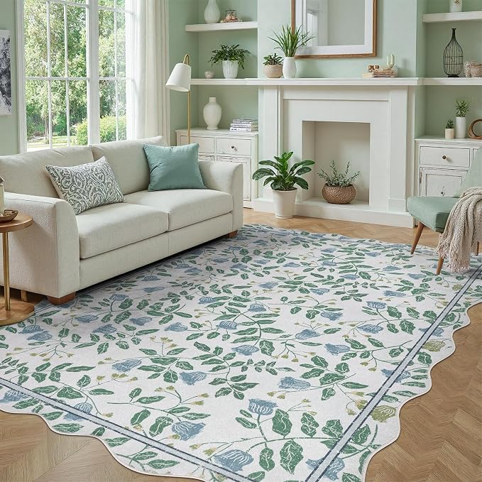 DCX Washable Botanical Floral Rug 5x7, Blue and Green Scalloped Rug, Non Slip Low Pile Carpet for Bedroom, Living Room, Kid & Pet Friendly