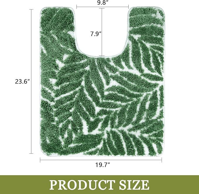 Dark Green U Shaped Toilet Mat for Bathroom Floor 24x20 Non Slip Washable Water Absorbent Cute Bathroom Decor Leaf Contour Bath Mat