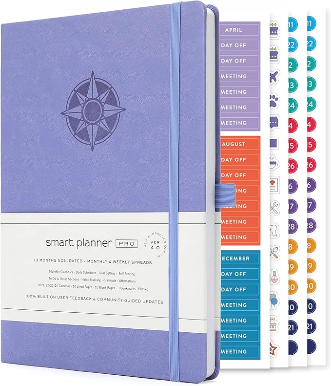 Smart Planner Pro – Undated Daily Planner – Medium B5 – Achieve Goals & Increase Productivity with Weekly, Monthly, Work Sections - Organizer Planner with Back Pocket, 3 Satin Bookmarks & Pen Holder