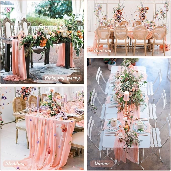12 Pack 10Ft Cheesecloth Boho Gauze Table Runner - 35x120 Inch Rustic Cheese Cloth Long Table Runner for Wedding, Bridal Shower, Birthday Party Decor (Peach Coral)