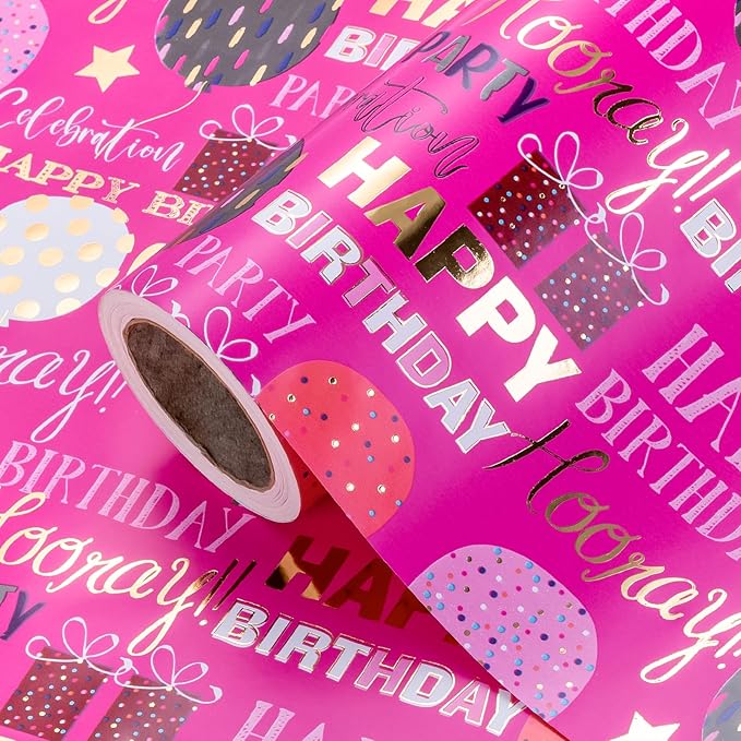 WRAPAHOLIC Birthday Wrapping Paper - Mini Roll - 17 Inch x 16.5 Feet - Gold Foil Hot Pink Happy Birthday Wrapping Paper for Kids, Girls, Women, Baby Shower