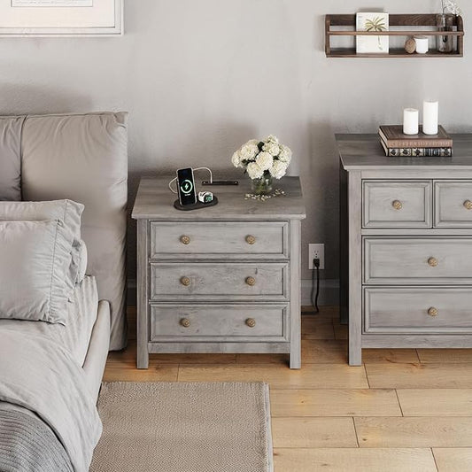 LGHM Large Nightstand with Charger Station, Dressers for Bedroom with 3 Drawers, 25.6" Tall Chest of Drawers Closet Organizers & Storage Clothes -Textured Borders for Living Room, Hallway, Gray