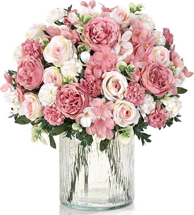4 Bundles Pink Peonies Artificial Flowers Silk Flower Centerpieces for Tables Fake Flower Arrangements Bouquets Mixed Roses Hydrangea with Stems for Wedding Bridal Bouquets Home Table Decor
