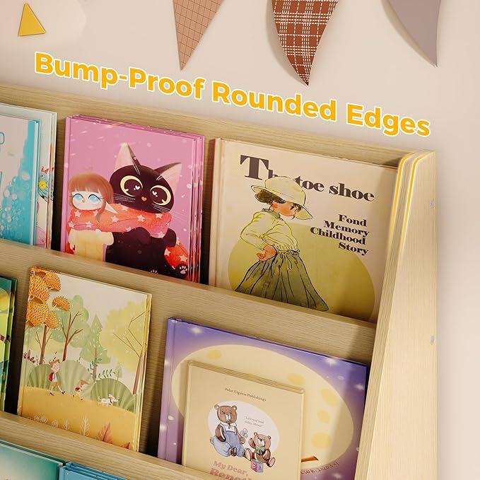 Tatub 4 Tier Kids Wooden Bookshelf, Toddler Sling Bookcase Montessori Bookshelf, Children Front Facing Book Shelf for Nursery, Playroom and Classroom, Natural Wood