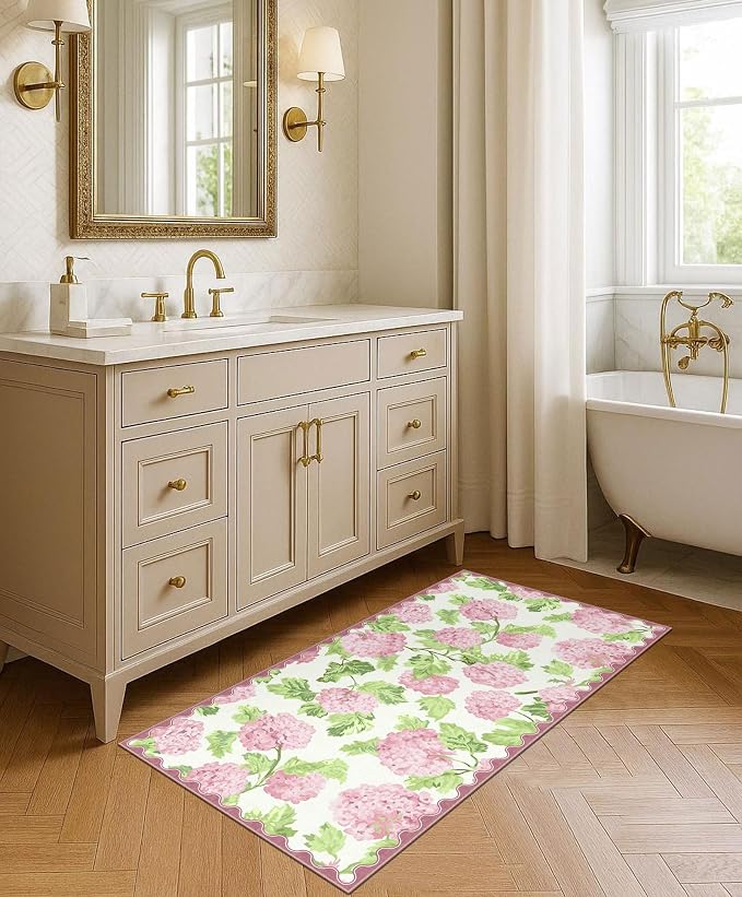 Front Door Mat Indoor Entrance - 2x4.3 Ft Spring Washable Layered Doormat Outdoor Entrance Porch Rug Non-Slip Pink White Floral Scalloped Runner Rug for Kitchen Bedroom Mudroom Porch Decor